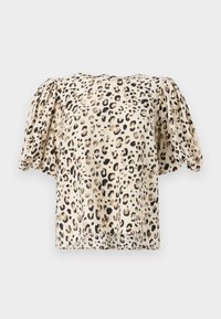 Trumpas rankovėmis, beige bliusoną su leopardų raštu. Medžiaga turi glotnią tekstūrą, šiek tiek pūstos rankovės ir kvadratinė forma.