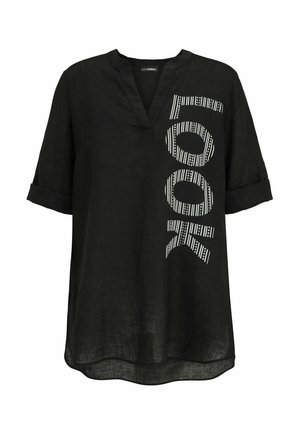 Black three-quarter sleeve tunic with rolled cuffs, V-neck, and vertical white patterned "LOOK" text on the right front side.