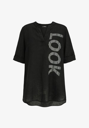 Black three-quarter sleeve tunic with rolled cuffs, V-neck, and vertical white patterned "LOOK" text on the right front side.