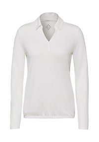 Lange mouwen witte polo met een V-hals, voorzien van een klassieke kraag en een relaxed fit, gemaakt van een zachte, lichte stof.