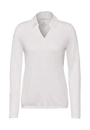 Polo a maniche lunghe bianco con scollo a V, dotato di colletto classico e vestibilità rilassata, realizzato in un tessuto morbido e leggero.