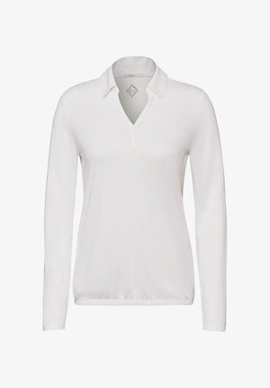 Langarm-weißer Poloshirt mit V-Ausschnitt, klassischem Kragen und lockerer Passform, aus einem weichen, leichten Stoff gefertigt.