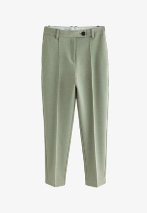 Light green tailored trousers made of textured fabric, featuring pleats, a front button closure, and straight legs.