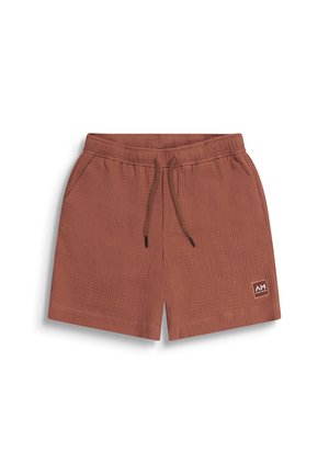 Bruine shorts van textuurlinnen stof met elastische tailleband, verstelbare trekkoord, zijzakken en een klein merkembleem aan de voorkant van het linkerbeen.