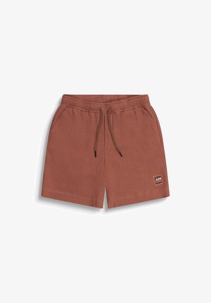 Bruine shorts van textuurlinnen stof met elastische tailleband, verstelbare trekkoord, zijzakken en een klein merkembleem aan de voorkant van het linkerbeen.
