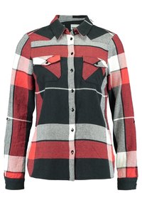 Chemise à manches longues avec boutons, présentant un grand motif à carreaux rouge, noir, blanc et gris, et deux poches à rabat sur la poitrine avec boutons.