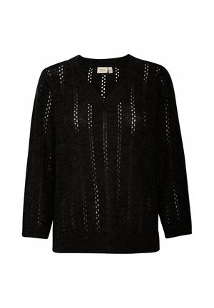 Pull en maille noir avec un col en V, présentant un motif de tricot ajouré et des manches trois-quarts. Le tissu texturé améliore la respirabilité.