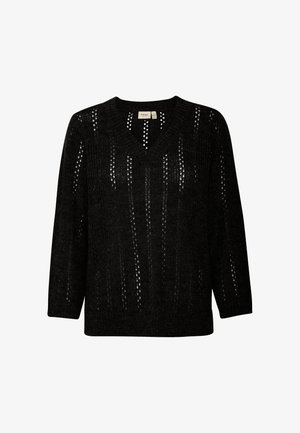 Pull en maille noir avec un col en V, présentant un motif de tricot ajouré et des manches trois-quarts. Le tissu texturé améliore la respirabilité.