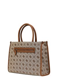 Beige handbag with brown patterned exterior, two top handles, and a zippered front pocket, featuring a structured rectangular shape.