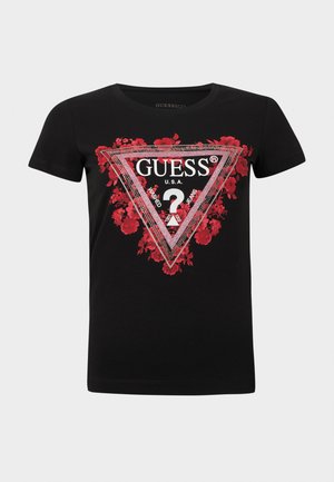 Black cotton t-shirt featuring a red floral triangle graphic with "GUESS U.S.A." text and a question mark, short sleeves, and a crew neckline.