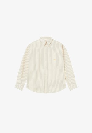 Light cream button-up shirt with thin vertical stripes. Features a pointed collar, long sleeves, and a small embroidered logo on the chest pocket.