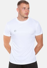 White short-sleeve athletic t-shirt made of smooth, lightweight fabric; features a small logo on the left chest; crew neckline.