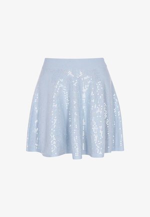 Light blue short skirt made of fabric with scattered iridescent sequins, featuring a fitted waistband and a flared design.