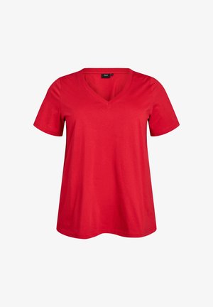 Punainen, lyhythihainen V-pääntie T-paita, joka on valmistettu pehmeästä kankaan materiaalista. Rento istuvuus ja sileä pinta. Yksinkertainen muotoilu, ilman kuvioita tai korostuksia.