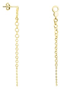 Guldkedjeörhängen med en länkdesign, förlängd form och hoop-stängning. Slät yta med en glansig finish.