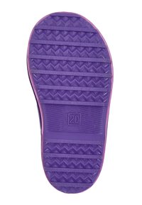 Semelle de chaussure en caoutchouc violet avec une texture antidérapante à motif en chevron et une indentation rectangulaire marquée "20."