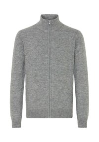 Szary sweter rozpinany na zamek z wysokim kołnierzem, wykonany z teksturowanej dzianiny. Posiada długie rękawy i prosty krój, idealny do warstwowego ubierania.