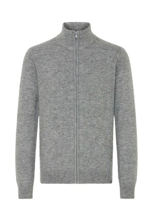 Grå zip-hoodie med høj krave, lavet af struktureret strikket stof. Har lange ærmer og en lige pasform, ideel til lag-på-lag.