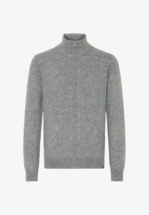 Maglione grigio con zip e colletto alto, realizzato in tessuto a maglia testurizzato. Presenta maniche lunghe e una vestibilità dritta, ideale per essere indossato a strati.