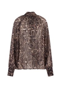 Blusa trasparente con colletto alto e maniche lunghe. Il design presenta una stampa serpente marrone e beige. I polsini elasticizzati creano un effetto arricciato.