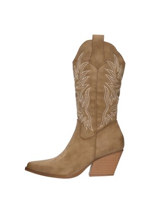 Tannfarbene Cowboystiefel mit spitzem Zehenbereich, aufwendigem weißen Stickdesign, schrägem Schaft und 5 cm hohem, gestapeltem Absatz, aus einem samtähnlichen Material gefertigt.