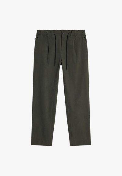 Pantalons vert olive en tissu léger, dotés d'une taille élastique, d'un cordon de serrage et de deux poches latérales, avec une coupe décontractée.