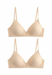Reggiseno triangolare beige con sottili spalline regolabili, tessuto morbido, coppe sagomate e un piccolo fiocco al centro.