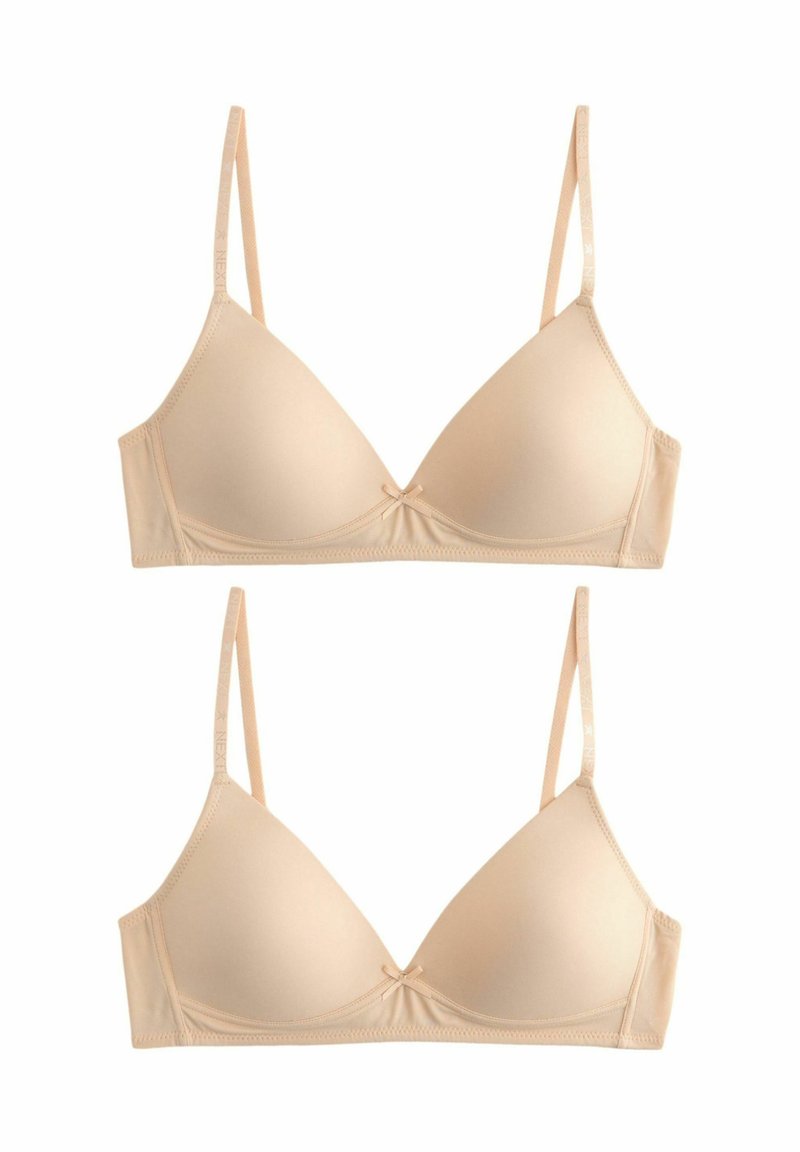 Reggiseno triangolare beige con sottili spalline regolabili, tessuto morbido, coppe sagomate e un piccolo fiocco al centro.