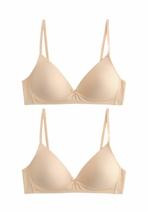 Beiger Triangel-BH mit dünnen verstellbaren Trägern, weichem Stoff, vorgeformten Cups und einem kleinen Schleifendetail in der Mitte.