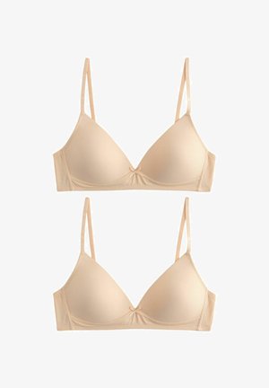 To beige polstrede bh'er med tynde justerbare stropper og små sløjfer foran på hvid baggrund.