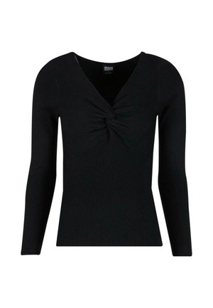 Top de punto negro de manga larga con un profundo escote en V y detalle frontal retorcido. Presenta canalé vertical y una silueta ajustada.