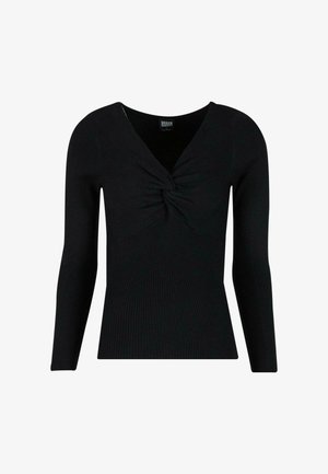 Schwarzes, langärmliges Strickoberteil mit tiefem V-Ausschnitt und verdrehtem Vorderteil. Es hat eine vertikale Rippstruktur und eine taillierte Silhouette.