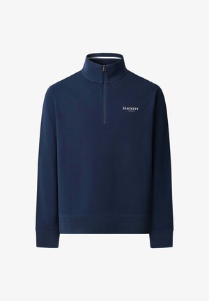 Pull-over bleu marine avec fermeture éclair quartée, en matière douce, avec manches longues et un petit logo blanc sur la poitrine gauche.