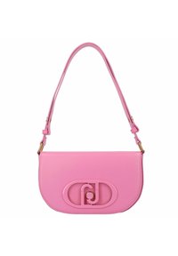 Borsa a mano in pelle rosa, liscia, con una silhouette strutturata, caratterizzata da un logo prominente sul davanti e una tracolla regolabile.