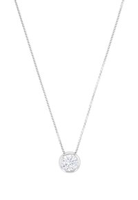 Collana in argento con pendente a forma di pietra preziosa trasparente rotonda, in una finitura metallica lucida, caratterizzata da un design semplice e da una superficie liscia.