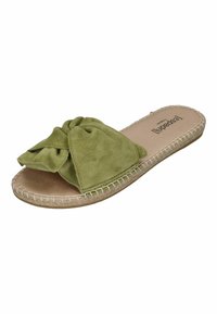 Green suede slip-on sandal with a knotted bow detail, flat sole, and woven trim around the edge, featuring a beige insole.