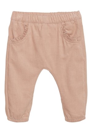 Helle rosa Corduroyhose mit einem elastischen Bund, zwei gerafften Vordertaschen und einem schmal zulaufenden Beinansatz. Durchgehend strukturiertes Streifenmuster.