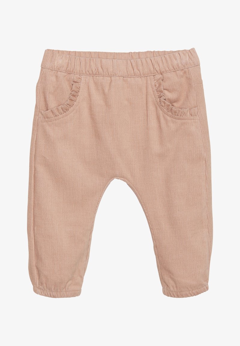 Helle rosa Corduroyhose mit einem elastischen Bund, zwei gerafften Vordertaschen und einem schmal zulaufenden Beinansatz. Durchgehend strukturiertes Streifenmuster.