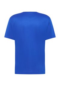 T-shirt bleu à manches courtes fabriqué en tissu lisse et léger avec un col rond et un ourlet droit. Pas de motifs ni d'accents visibles.