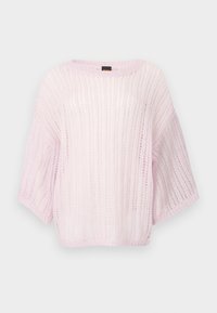 Ροζ ανοιχτό ροζ πλεκτό πουλόβερ με άνετη εφαρμογή, φαρδιά μανίκια και υφή με ανάγλυφο μοτίβο. Στρογγυλή λαιμόκοψη και απαλό, διάφανο υλικό.