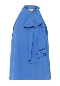 Kätseteta, helesinine bluus, mis on valmistatud pehmest kangast ja millel on suur pael kaeluses ning voogav disain külgpindadega.