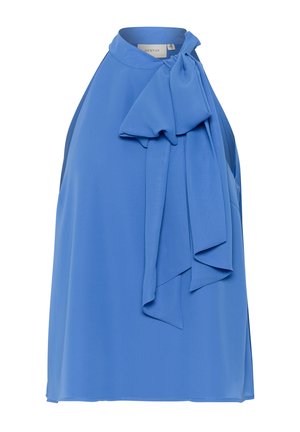 Blusa sin mangas de color azul claro hecha de una tela suave, con un gran lazo en el escote y un diseño drapeado con aberturas laterales.