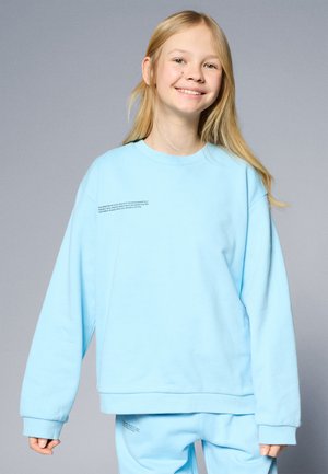 Lyseblå oversized hettegenser laget av myk, børstet stoff. Har rund hals og sidesplitter, med trykt tekst på forsiden.