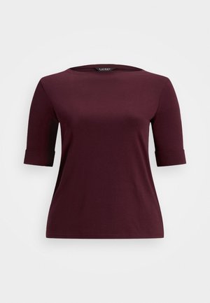 Bordeauxrood topje met korte mouwen, een brede halslijn en omgeslagen manchetten, gemaakt van zacht katoen met een gladde textuur en een reguliere pasvorm.