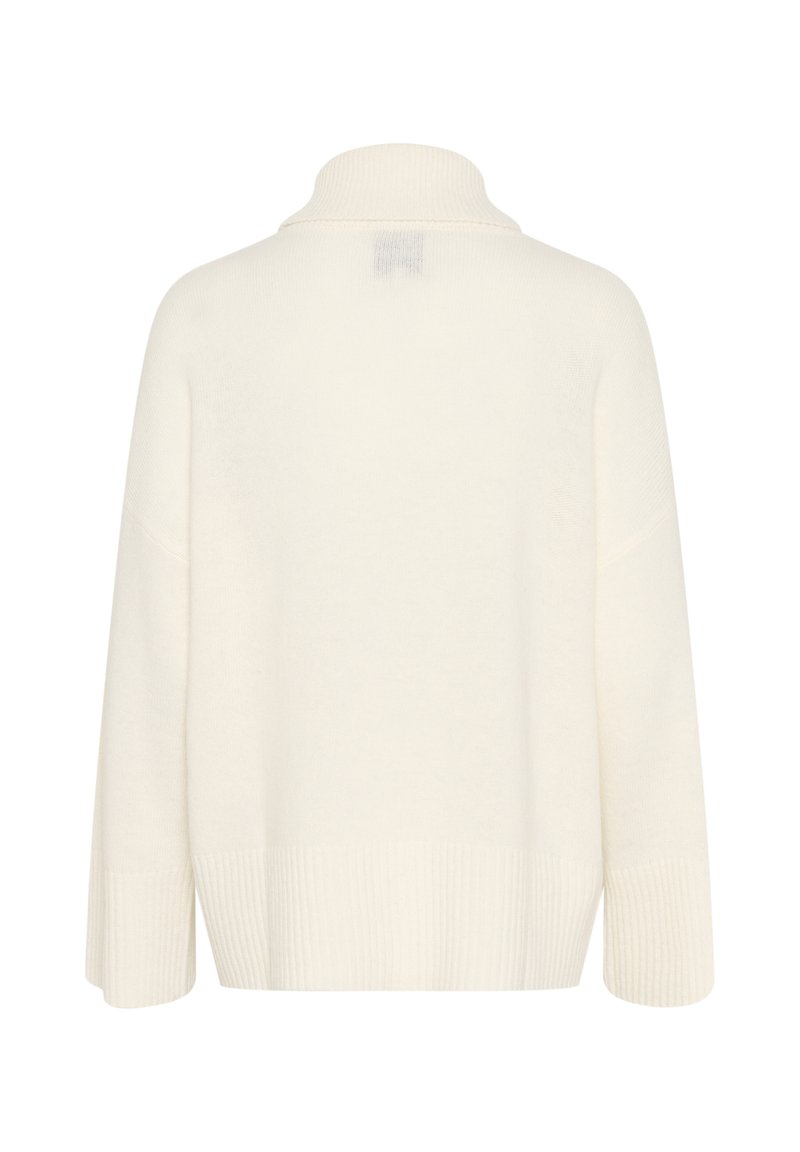 Cremfarbener Strickpullover mit hohem Kragen, überschnittenen Schultern und geripptem Saum. Weicher Stoff und lockere Passform.