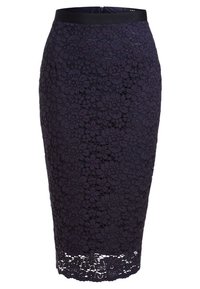 Krajková tužková sukně v tmavě námořnické barvě, zdobená květinovými vzory a přiléhavým střihem. Pevný pas s uzávěrem na zadním zipu.