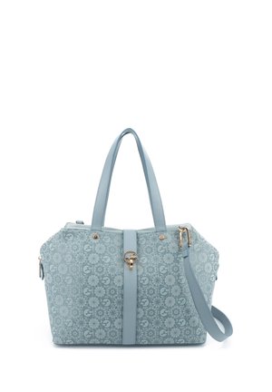 Borsa a mano azzurro chiaro con motivo geometrico e circolare, due manici, tracolla removibile e chiusura centrale dorata.