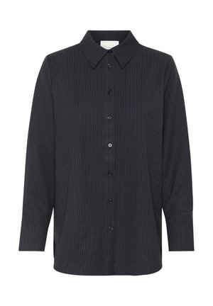Navy blue button-up shirt with vertical pinstripes, pointed collar, long sleeves, and side slits. Features black buttons down the front.