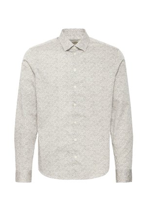 Langarmhemd aus leicht beigem Stoff mit kleinem, dunklen Blumenmuster. Verfügt über einen Kragen und eine durchgehende Knopfleiste.