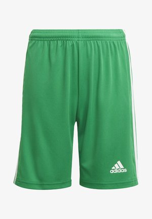 Shorts atletici verdi realizzati in tessuto leggero, con un design a tre strisce bianche sui lati e un logo del marchio ricamato.